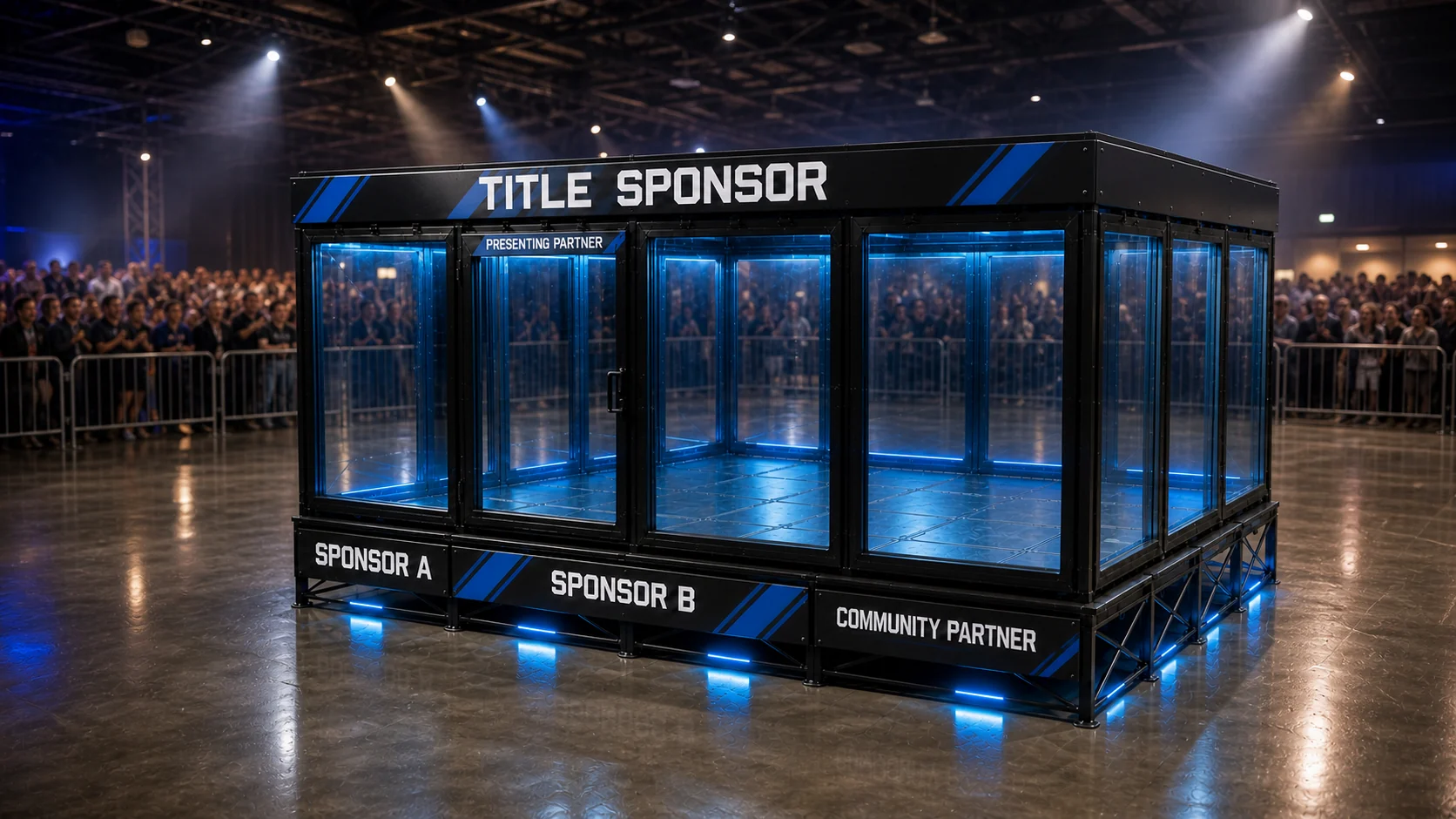 Campaign visualization of the proposed combat robotics arena at a regional event with spectators behind the perimeter.