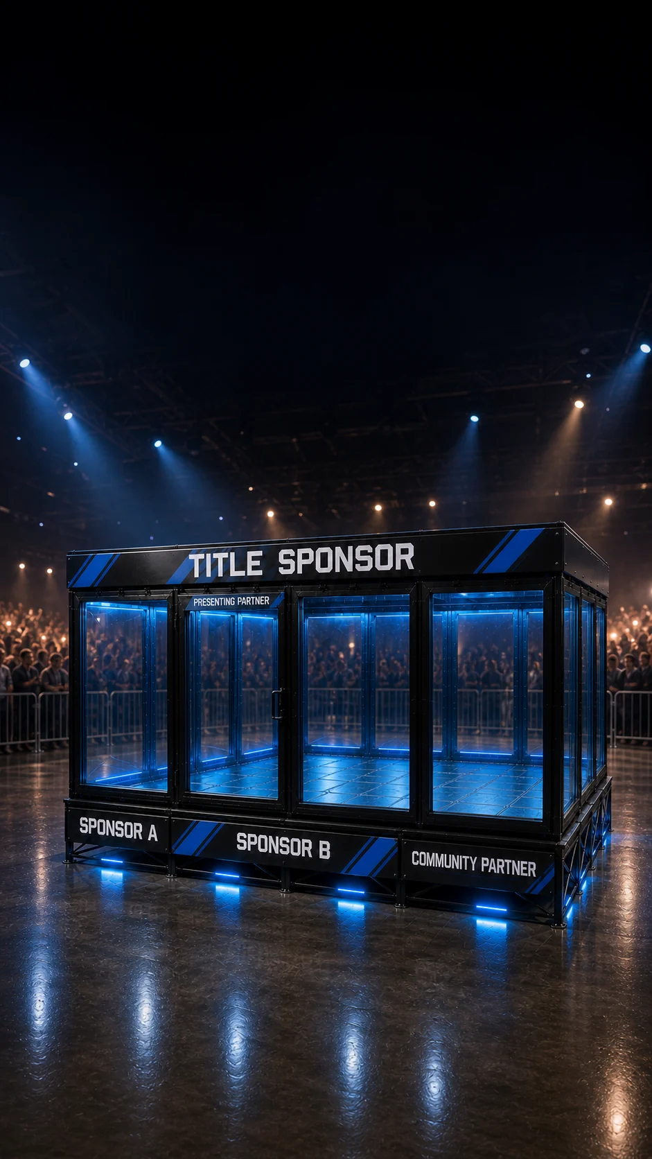 Vertical campaign visualization of the proposed combat robotics arena in a crowded event center.