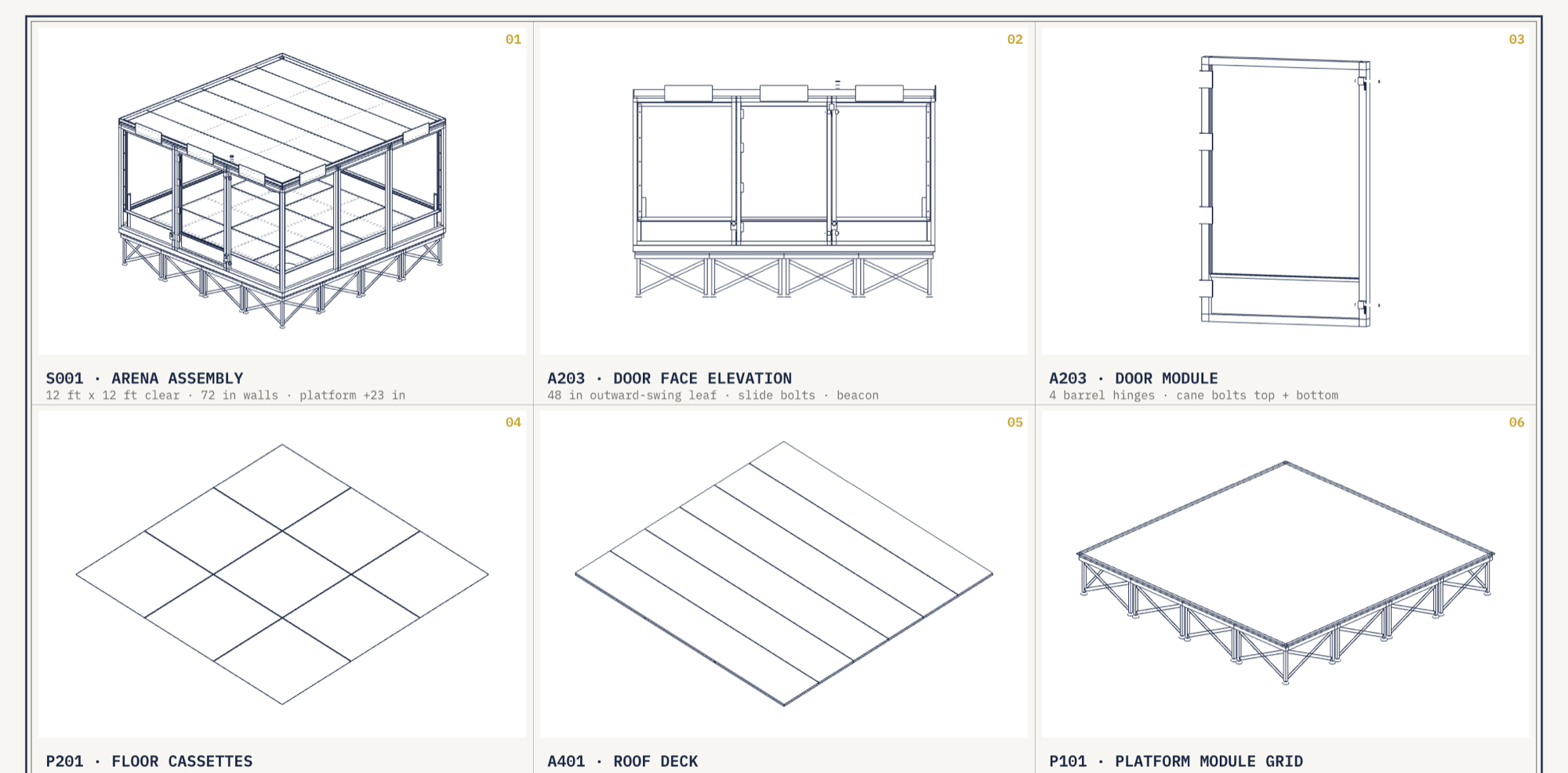 Component schematics for the planned arena: arena assembly, door face elevation, door module, floor cassettes, roof deck, and platform module grid