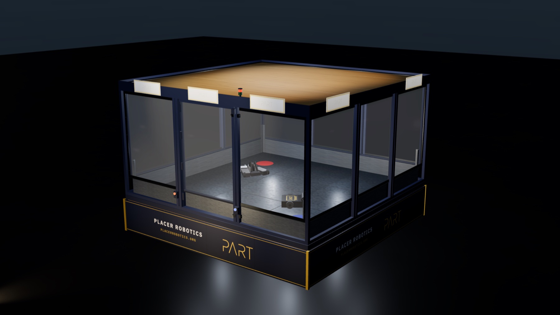 Rendering of the planned combat robotics arena: a raised, branded competition platform with polycarbonate walls, lit for an event